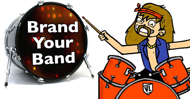 drummer pointing at a bass drumhead that says "Brand Your Band"