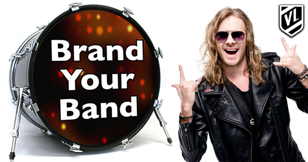 Cool looking band guy with a bass drum that says "Brand Your Band"