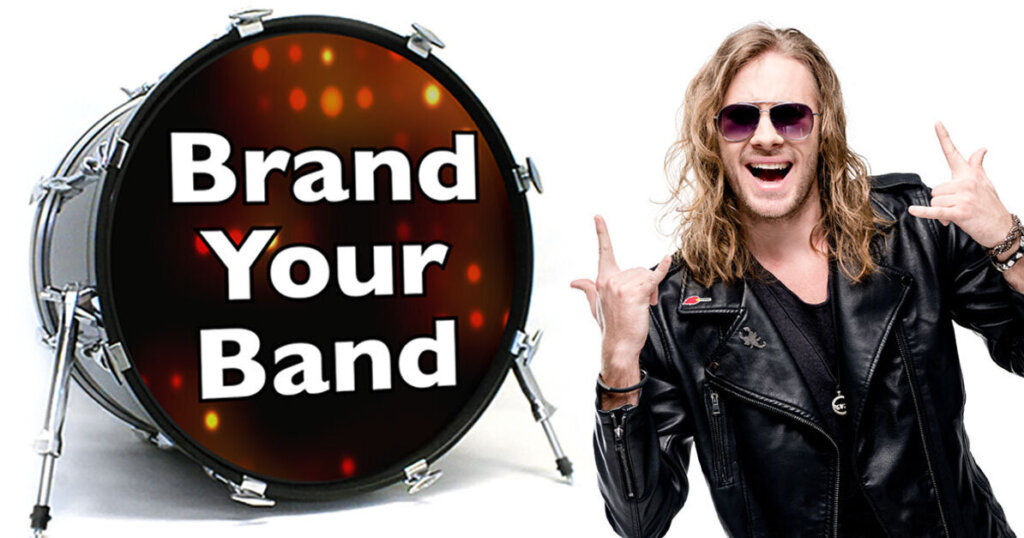 Cool looking band guy with a bass drum that says "Brand Your Band"